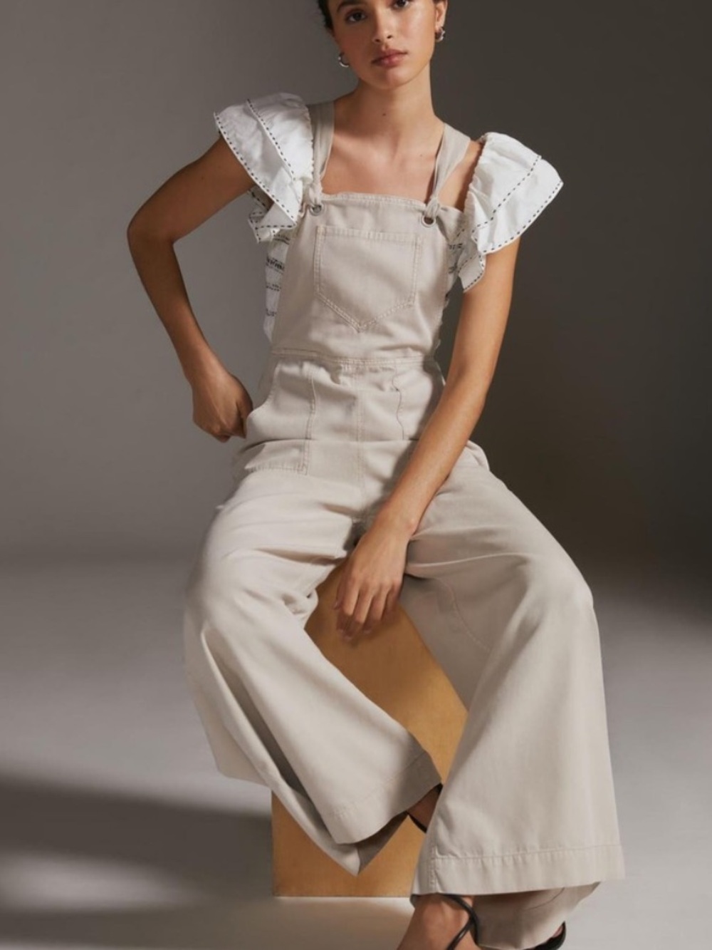 Anthropologie cream Wideleg carpenter summer overalls jumpsuit size xl NWT